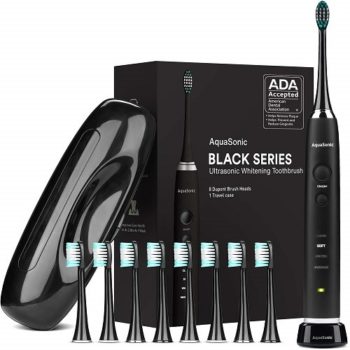 Top Fifty Gadgets AquaSonic Black Series Ultra Whitening Toothbrush – ADA Accepted Rechargeable Toothbrush - 8 Brush Heads & Travel Case - Ultra Sonic Motor & Wireless Charging