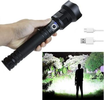 Top Fifty Gadgets Rechargeable Flashlights High Lumens, 90000 Lumens Super Bright Led Flashlight with Batteries Included, Zoomable, 3 Modes, Waterproof Tactical Flashlight for Camping, Emergencies