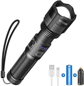 Top Fifty Gadgets XHP70 LED Rechargeable Flashlight, Tactical Flashlight with USB, Super Bright 10000 Lumen, IPX4 Water Resistant,5 Lighting Modes Zoomable Torch Light for Camping Hiking Cycling, Included 18650 Battery
