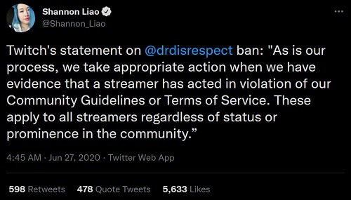 Dr Disrespect statement ban