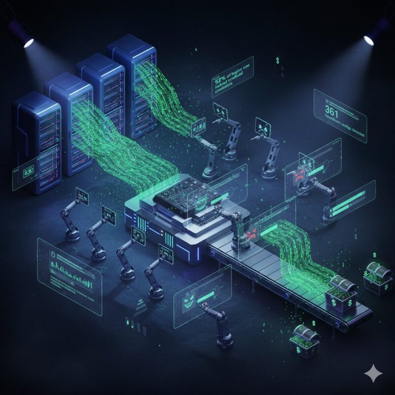 Technical visualization showing the automated credential stuffing process with data streams, bot networks, and compromised accounts flowing through a digital factory assembly line